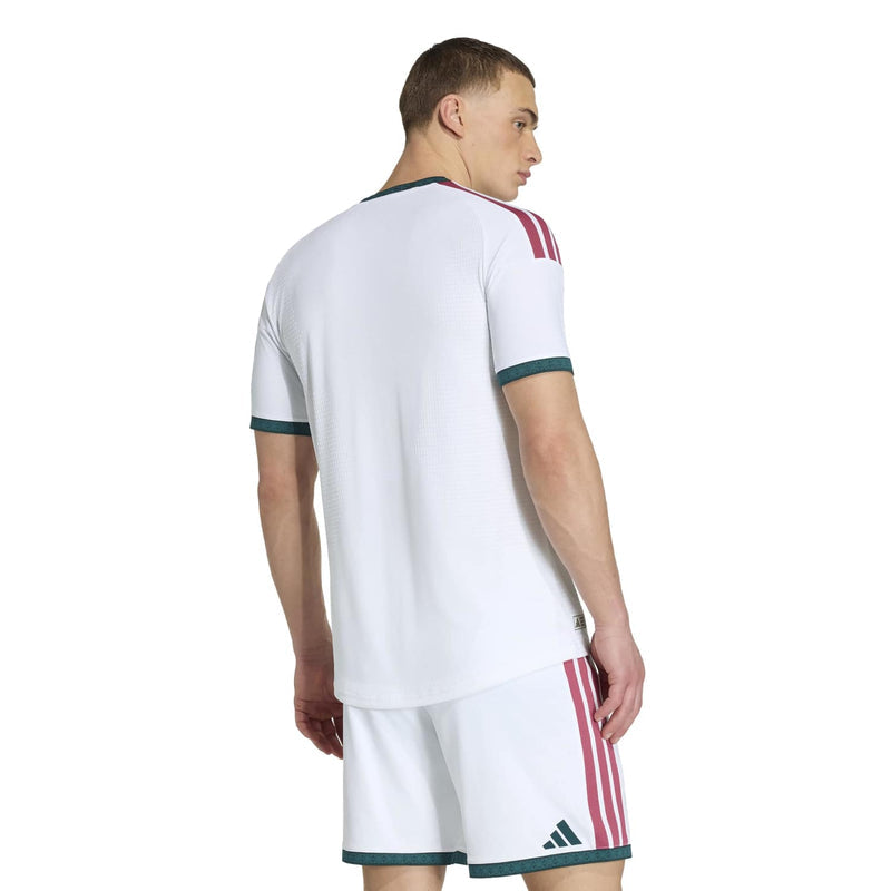 Men’s white Real Madrid home jersey back with teal trim and red shoulder stripes