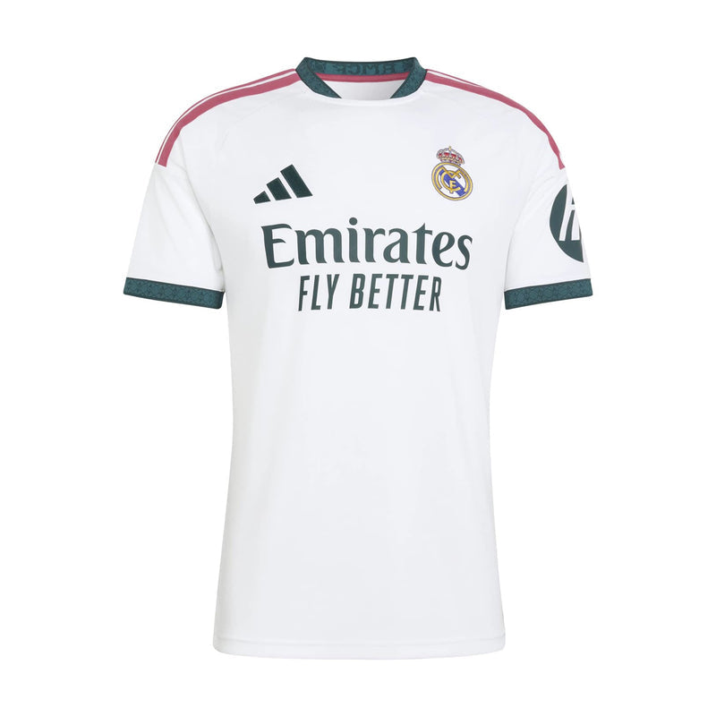 Men's white Real Madrid home replica jersey with green trim, crest, and Emirates sponsor
