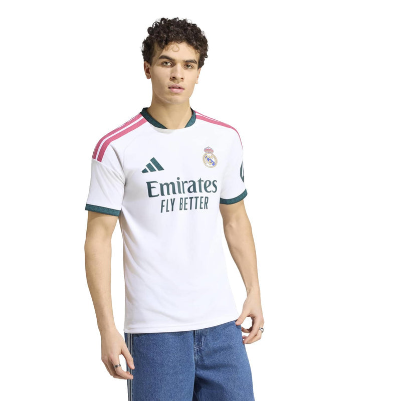 White home replica soccer jersey for men with pink shoulder stripes and green collar trim