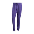 Men's purple track pants with white side stripes and ribbed ankle cuffs
