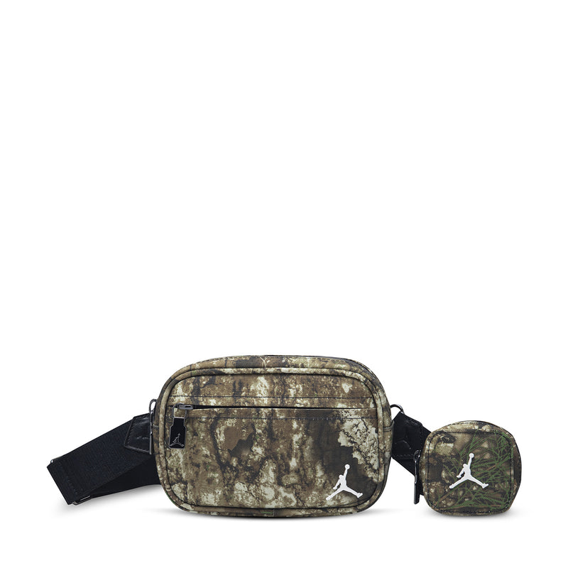 Olive camo crossbody camera bag with front zip pocket and adjustable shoulder strap