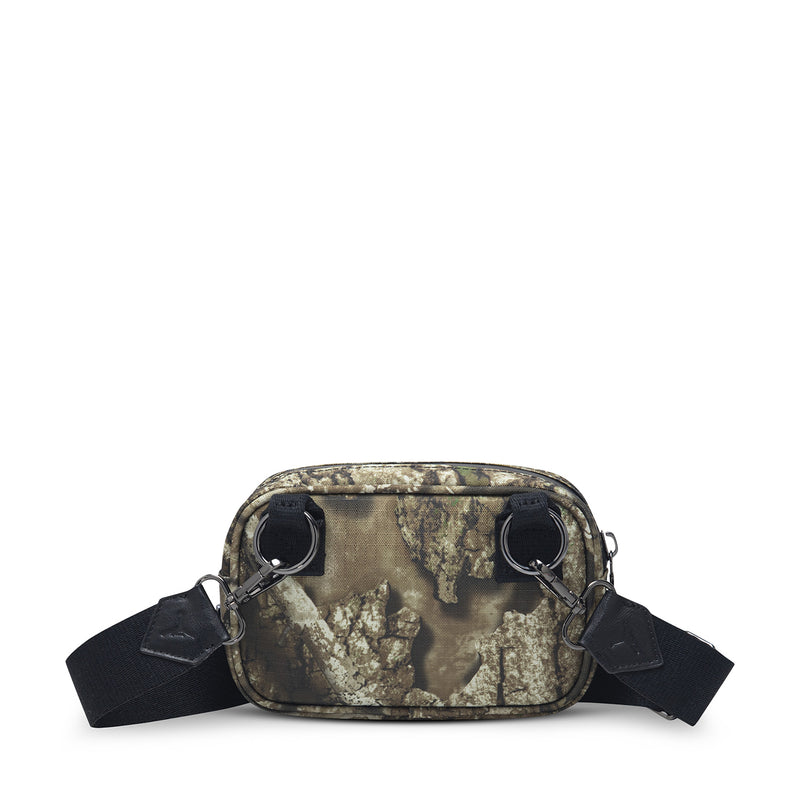 Olive camo camera bag with front buckles, black side tabs, and zip top