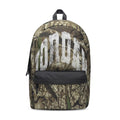 Camouflage daypack with large front zip pocket and top handle, olive and dark tones