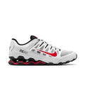 Men's white training shoes with red Nike swoosh, black accents, and black tread sole