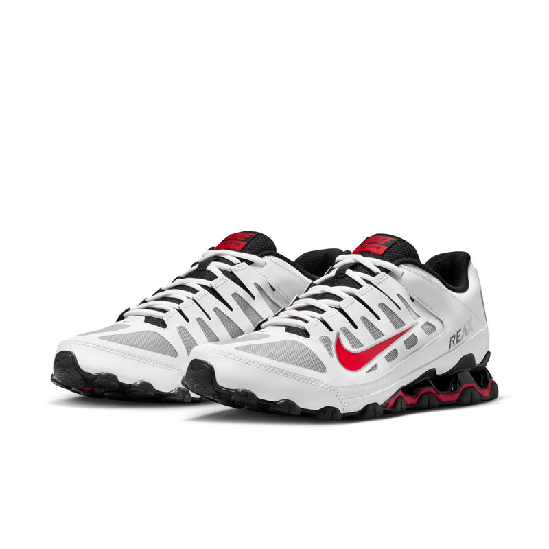 Men's white low-top training shoes with red-and-black outsole and side swoosh details