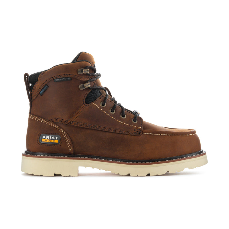 Men's brown comp-toe work boot with side lacing, padded collar, and light tread sole.