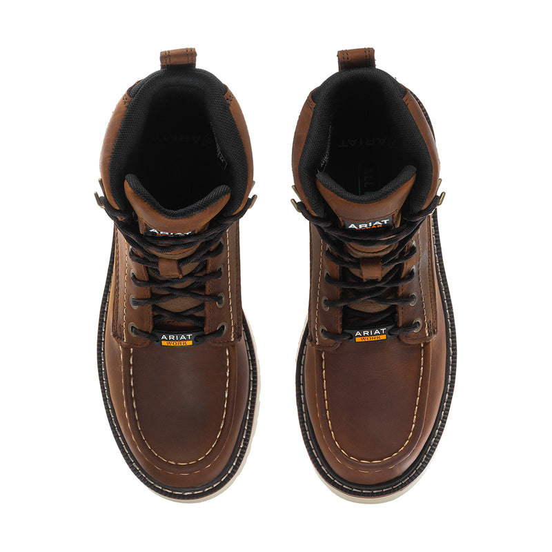 Men's brown comp-toe work boots showing padded collars and dark interior lining.