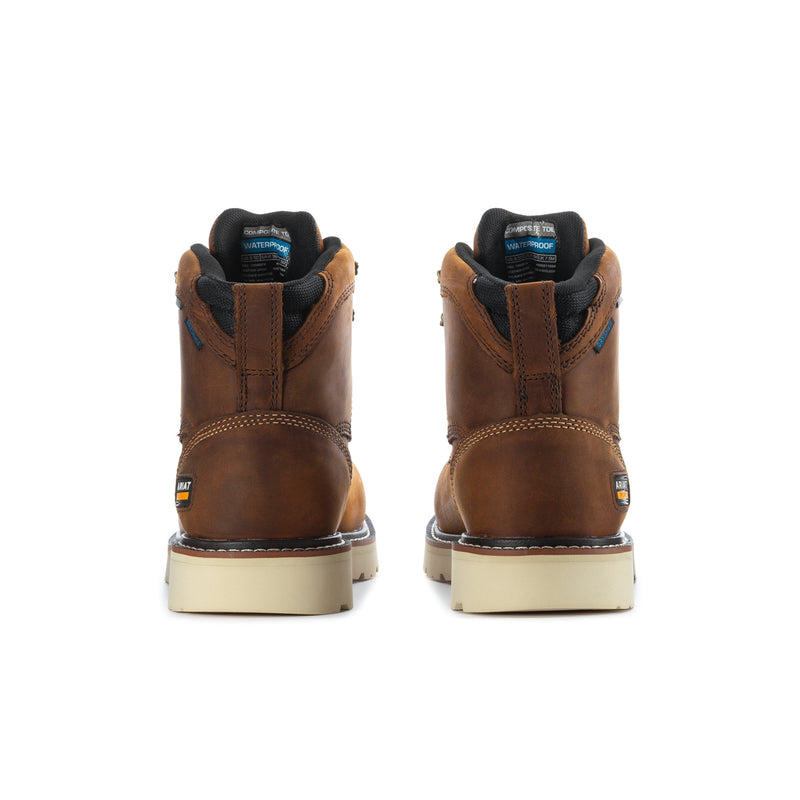 Pair of men's brown comp-toe work boots with heel counter, padded ankle collar, light sole.