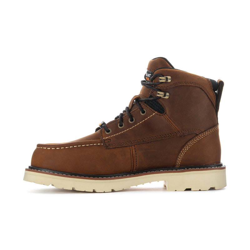 Men's brown comp-toe work boot with side seam stitching, lace-up design, light tread sole.