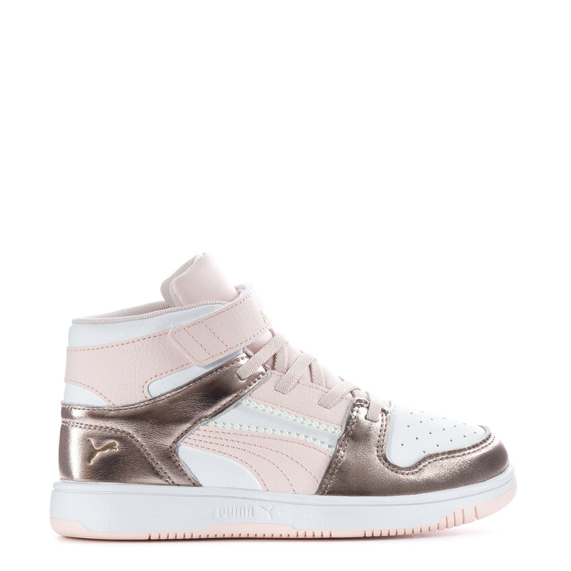 Kids high-top sneakers with white, pale pink, and metallic gold panels