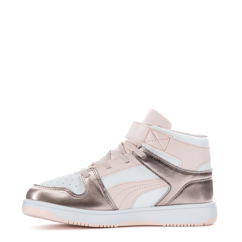 Kids high-top sneakers in white and pale pink with metallic gold side accents