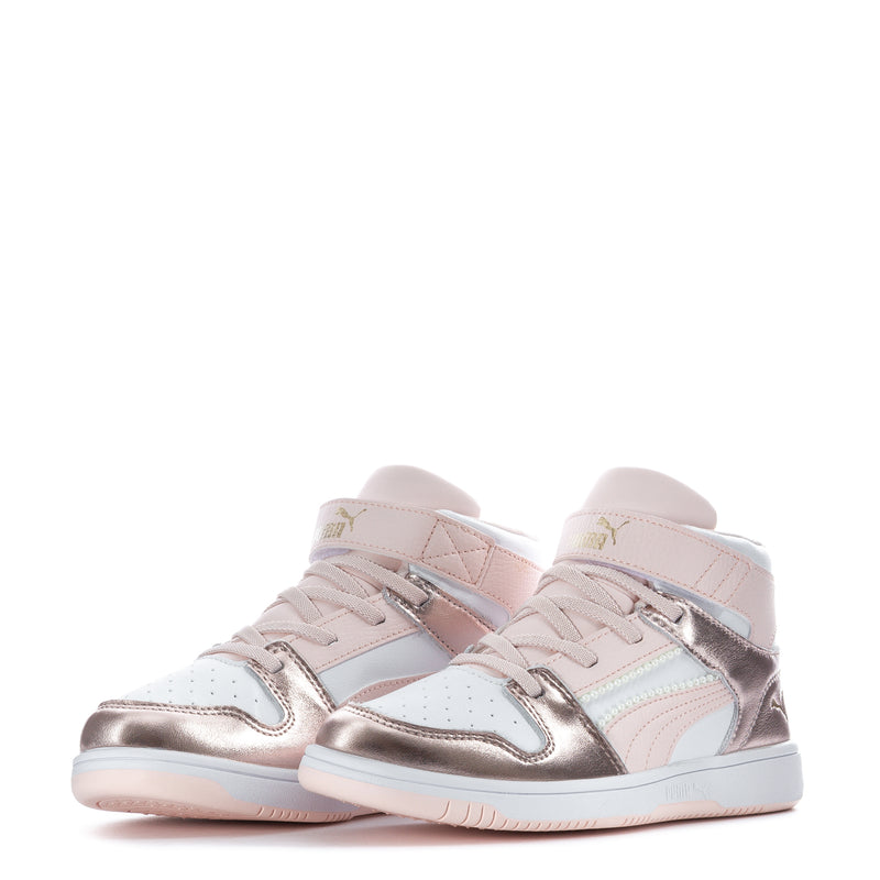 Pair of kids high-top sneakers in metallic gold and light pink with white toe panel