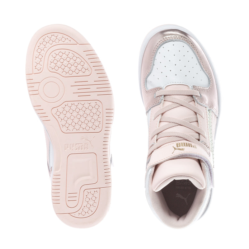 Kids high-top sneakers: rubber outsole view and lace-up collar interior