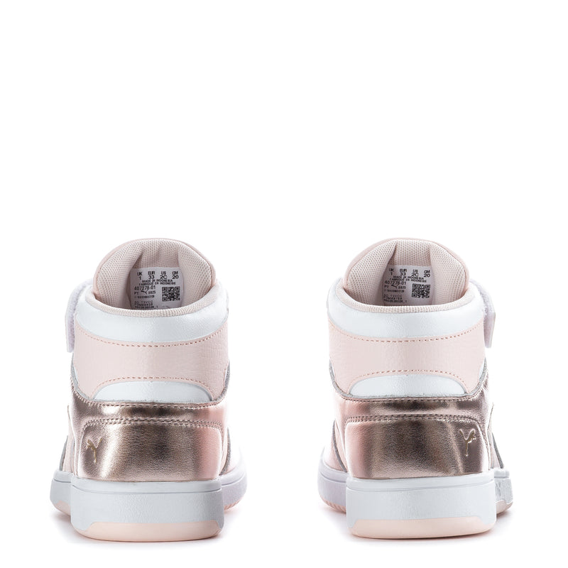 Pair of kids high-top sneakers with heel tabs, white/pink uppers, metallic gold accents
