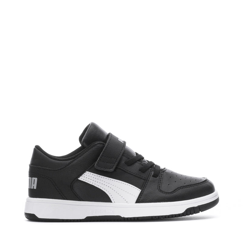 Kids' low-top sneakers in black and white, with hook-and-loop strap