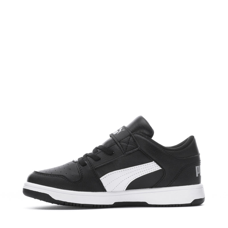Kids' low-top sneakers, black upper with white side stripe and lace closure