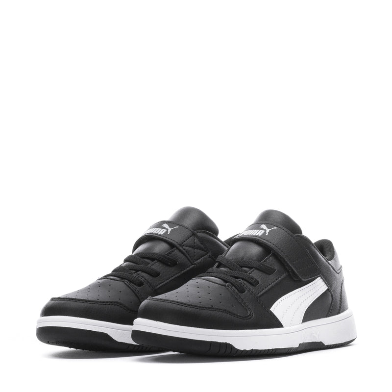 Kids' low-top sneakers, pair view from above, black leather with white accents
