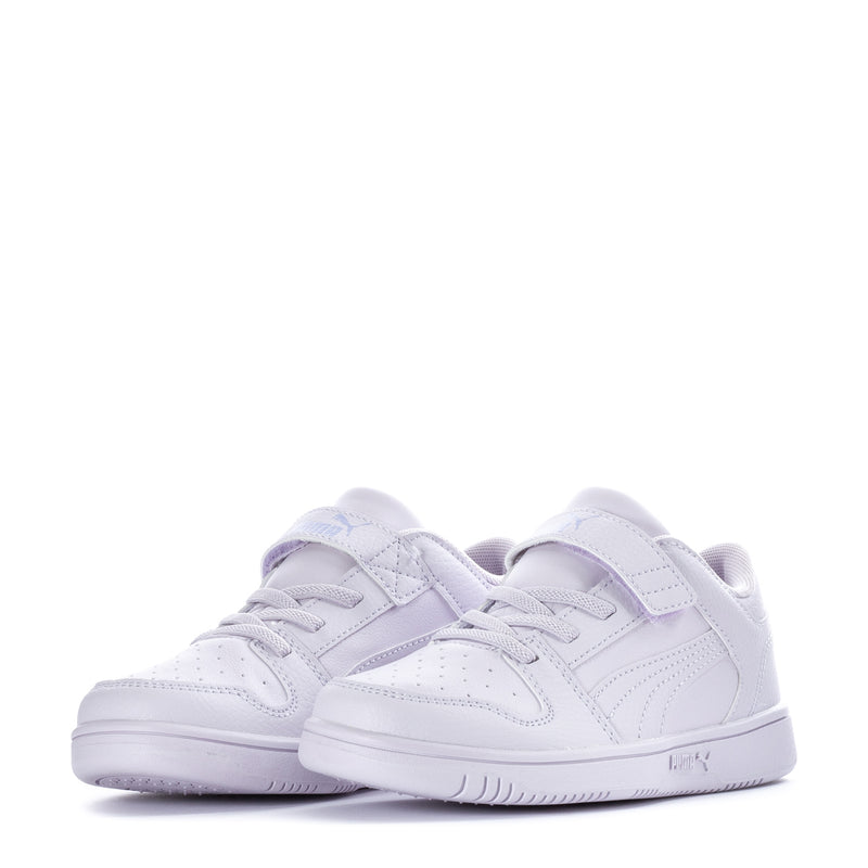 Pair of kids low-top sneakers with light purple uppers and lace-up closure