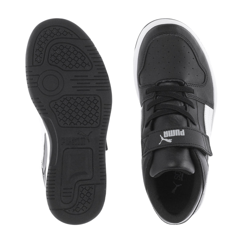 Kids' low-top sneakers outsole and upper detail, black tread with white midsole
