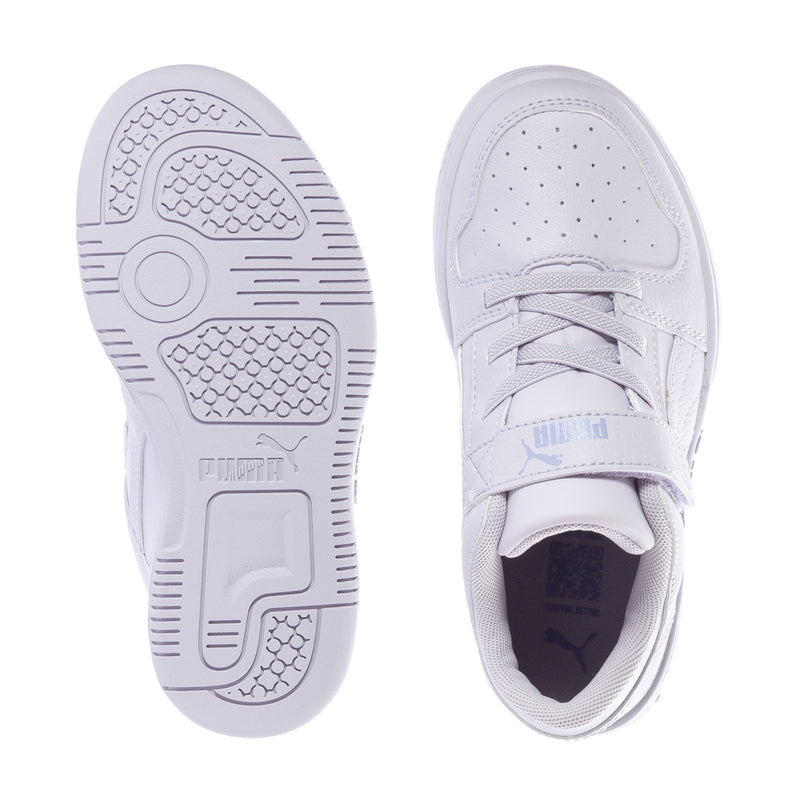 Kids sneaker outsole and inner top view in light purple and white