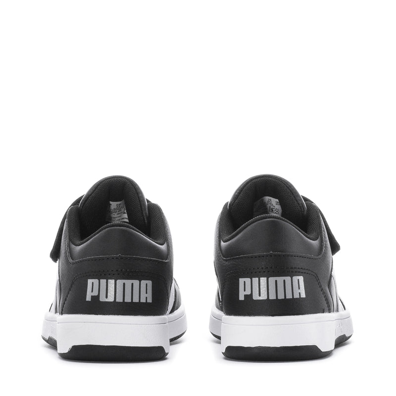 Kids' low-top sneakers heel view, black with PUMA branding on back