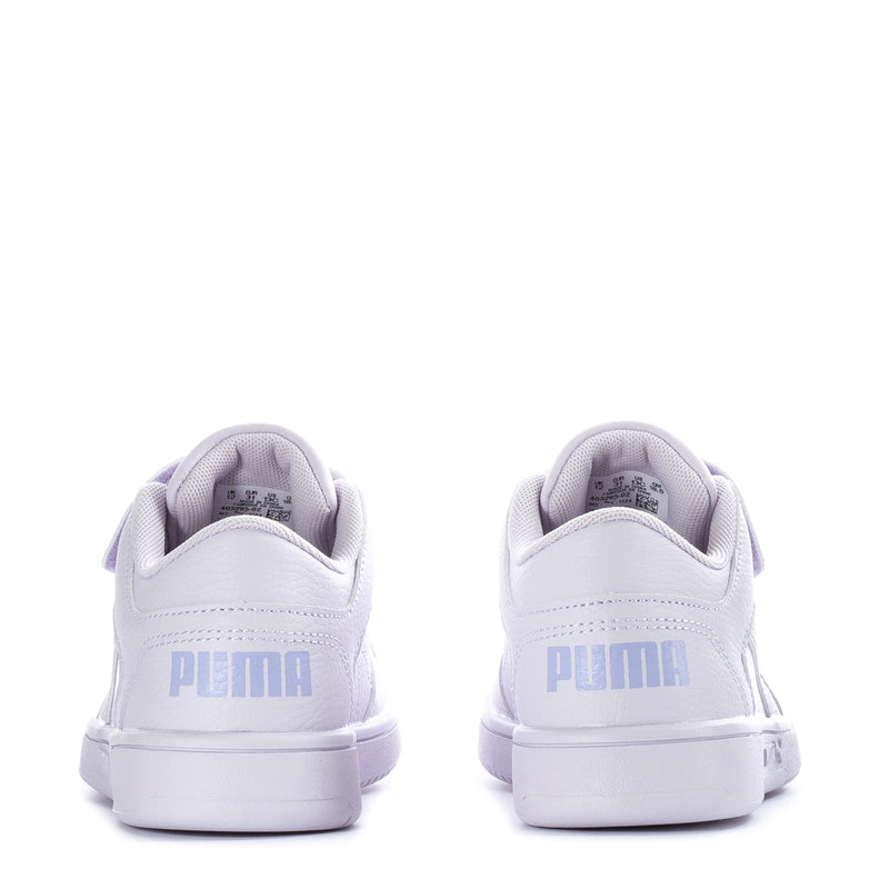 Back view of kids low-top sneakers in light purple with PUMA heel logo