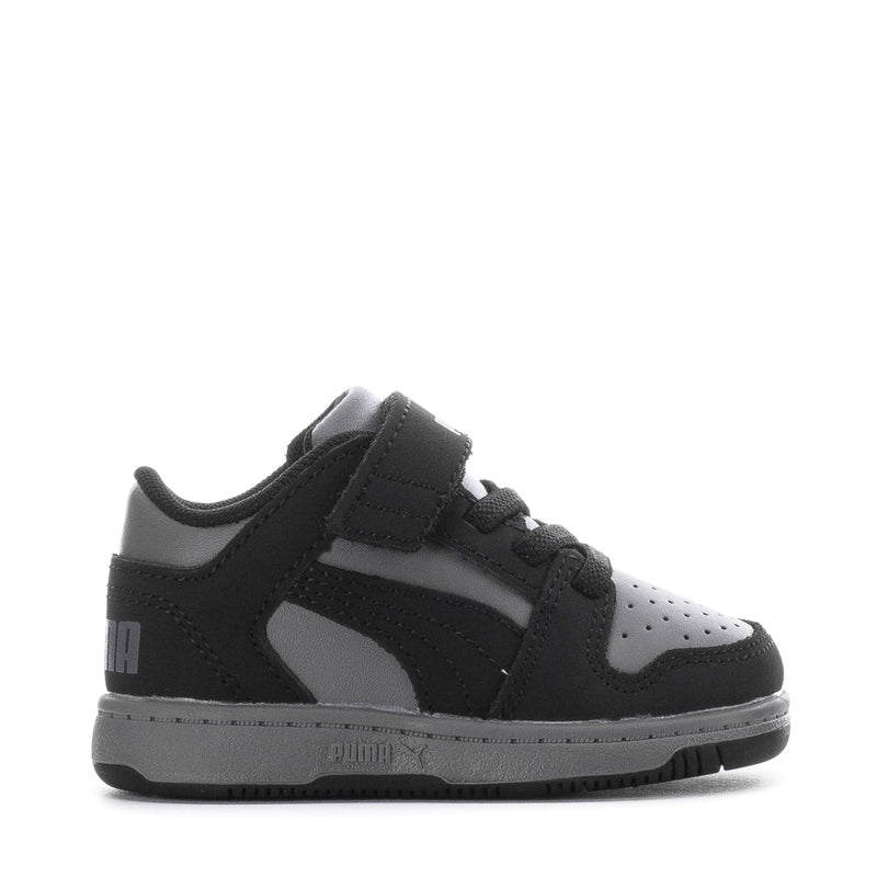 Toddler black and gray PUMA sneakers, Velcro closure, perforated toe panel