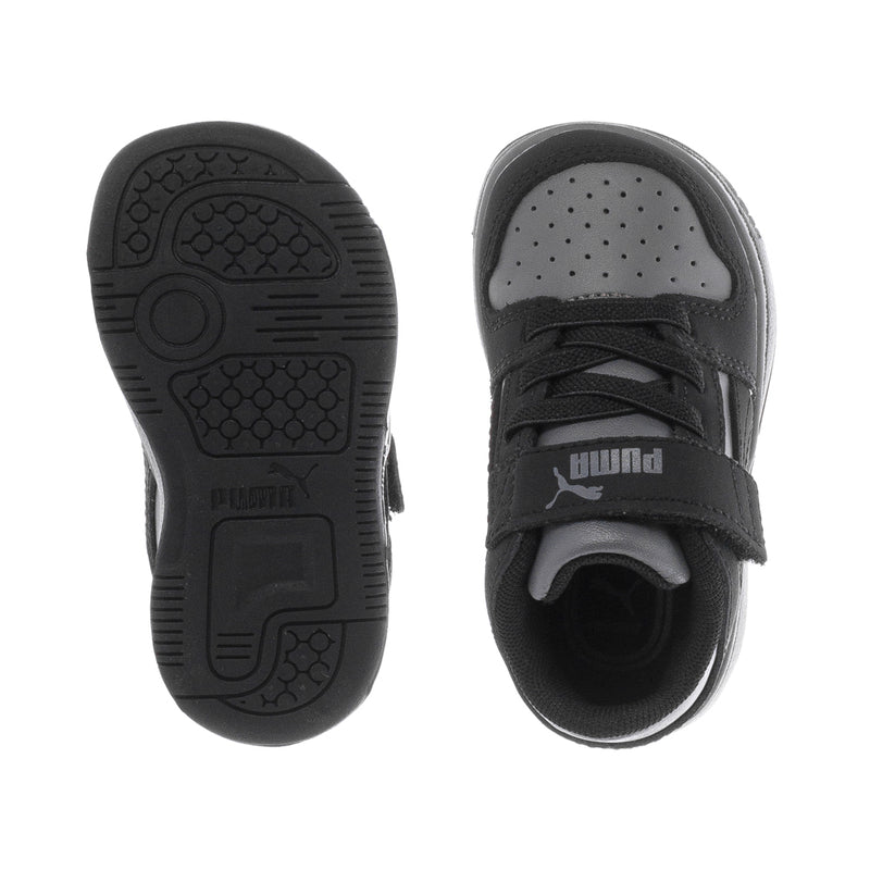 Toddler black and dark gray PUMA sneakers, hook-and-loop straps, grippy outsole