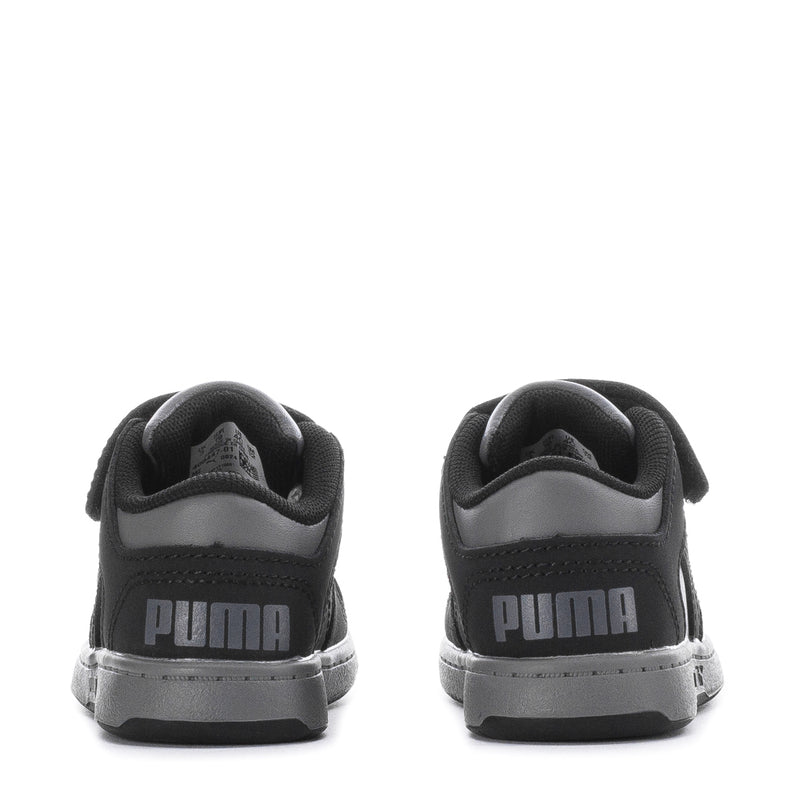 Toddler black PUMA sneakers with heel counter and gray rubber sole, rear view