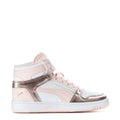 Youth high-top basketball sneaker in white, blush pink, and metallic rose-gold details