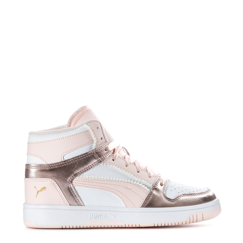 Youth high-top basketball sneaker in white, blush pink, and metallic rose-gold details
