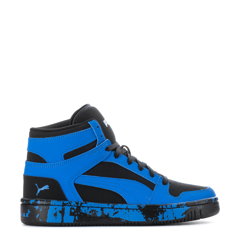 Youth basketball high-top sneakers, blue and black, lace-up with side stripe