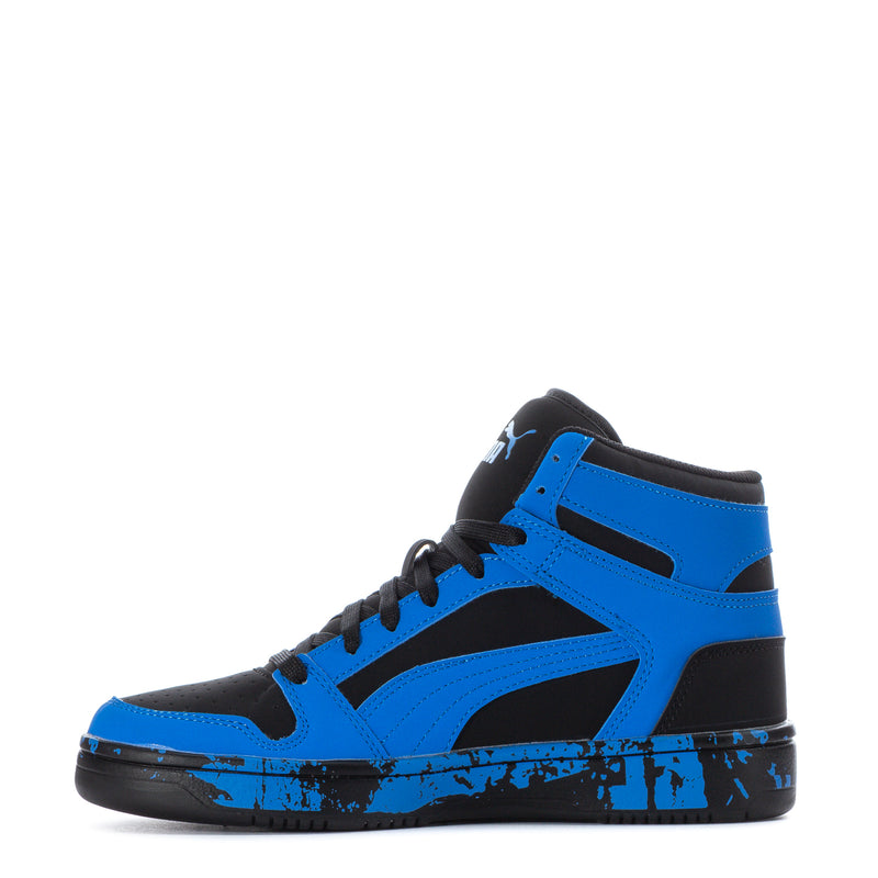 Youth high-top sneakers, blue and black, lace-up front with bold side panel