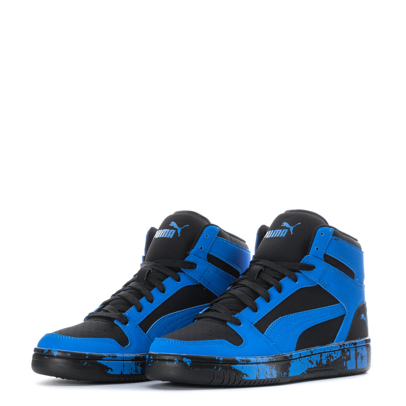 Pair of youth high-top sneakers, blue and black, black laces, speckled outsole