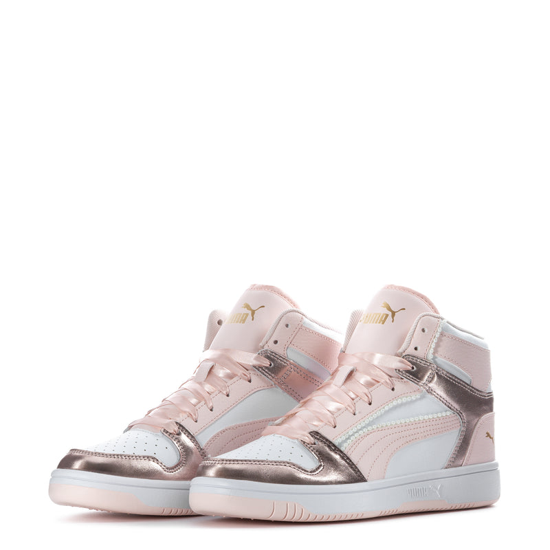 Youth high-top sneakers, front view pair with pink laces and rose-gold accents