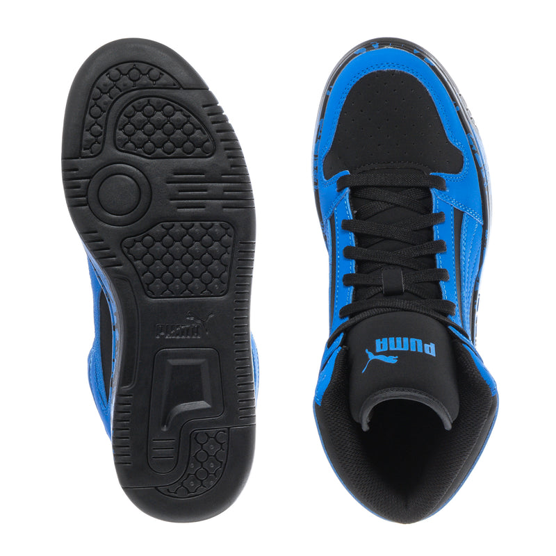 Youth sneaker outsoles and inner view, blue uppers with black tread sole