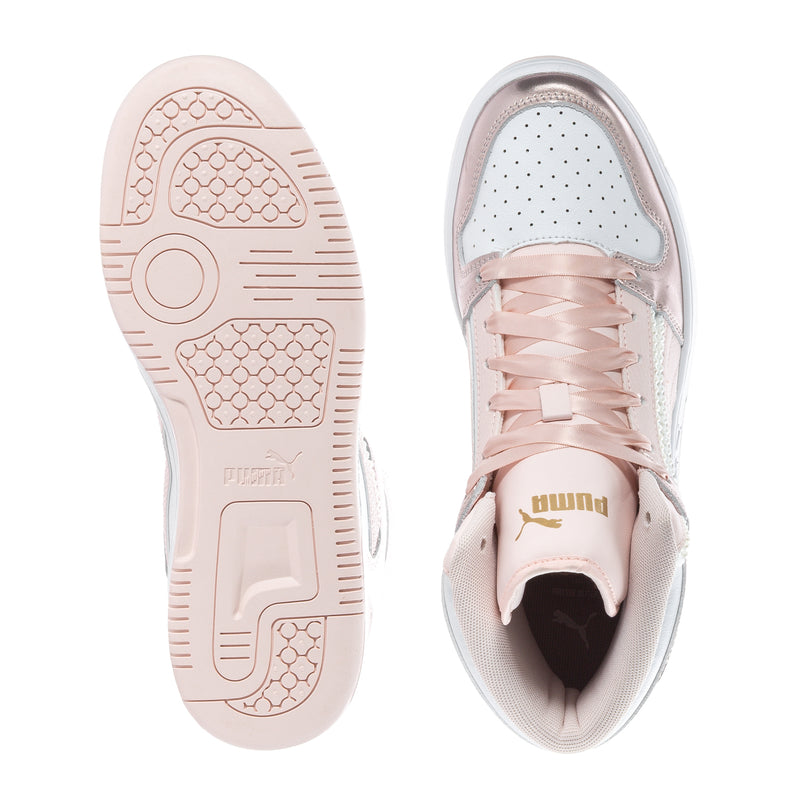 Youth high-top sneakers showing outsole tread and interior collar