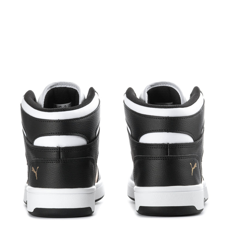 Youth high-top sneakers back view, black with white heel stripe and Puma marks