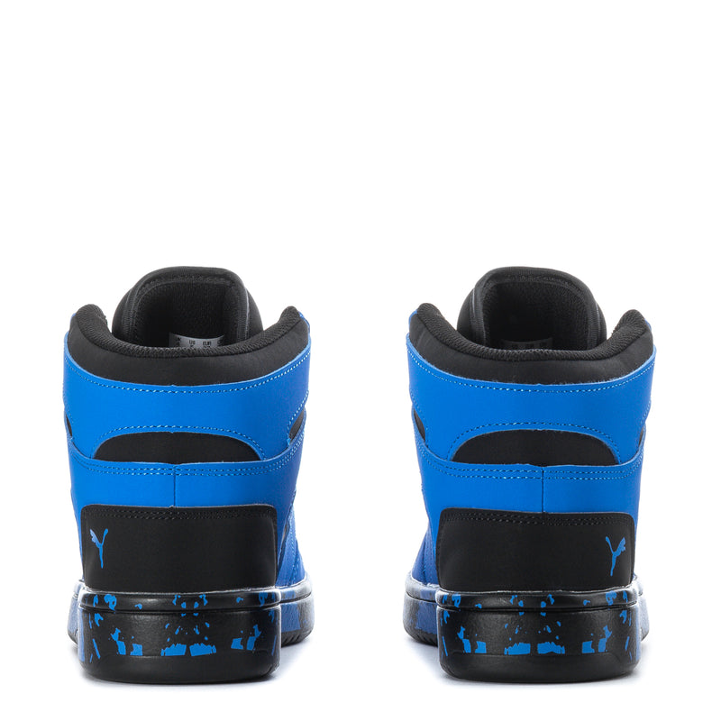 Youth high-top sneakers heel view, blue and black, speckled midsole trim