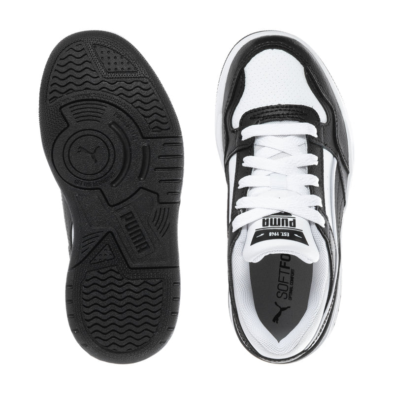 Kids low-top sneaker outsole and upper view, black tread and white lace collar
