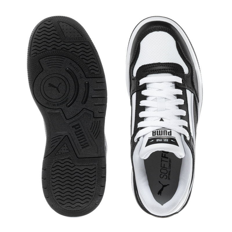 Youth sneakers outsole and interior, black tread sole and white lining