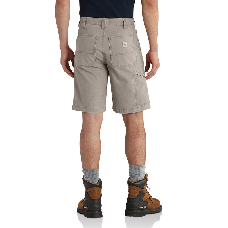 Men's tan relaxed 10" dungaree shorts, back view with yoke seam and logo patch pocket