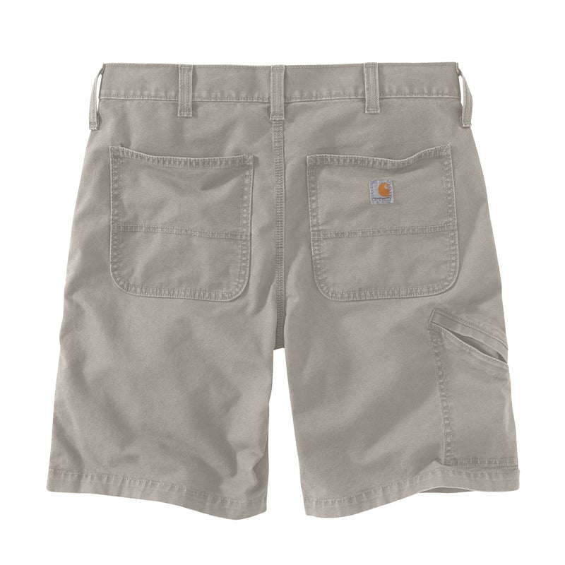 Men's tan relaxed 10" dungaree shorts, back close-up with two patch pockets