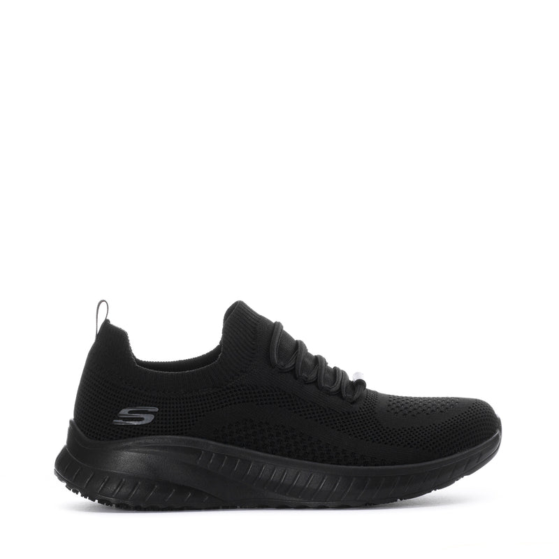 Black lace-up mesh athletic sneaker with cushioned rubber sole