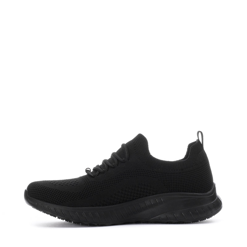 Black lace-up athletic sneaker, low profile with rubber midsole