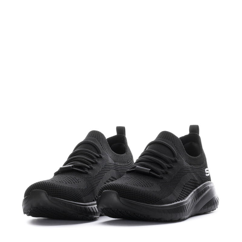 Pair of black lace-up athletic sneakers with textured upper and thick sole