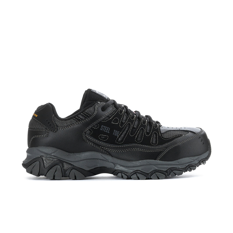 Men's black steel-toe work sneaker with lace-up, textured panels, and chunky outsole