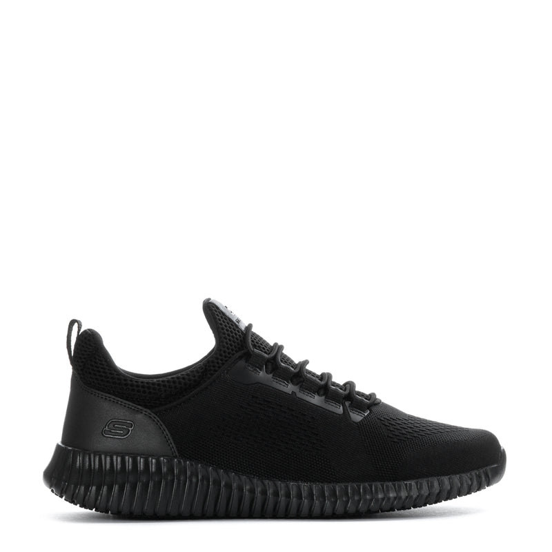 Men’s black lace-up athletic sneaker with textured midsole and cushioned outsole grip