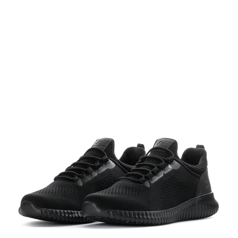 Pair of men’s black lace-up athletic sneakers with textured uppers and cushioned sole