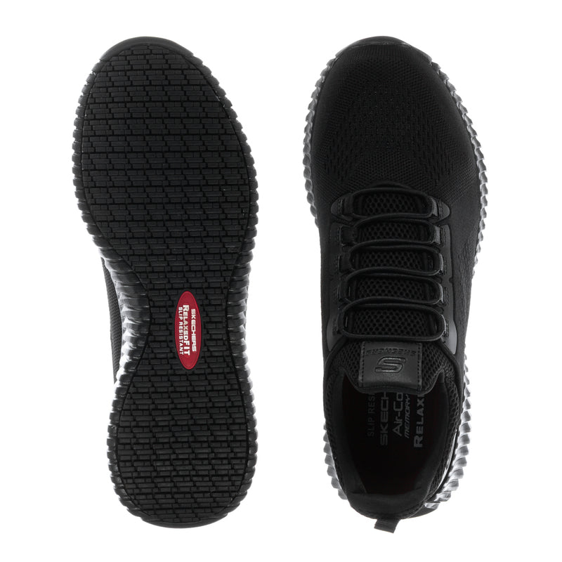 Men’s black sneaker soles view: patterned tread bottom and lace-up upper